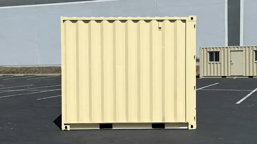 10ft storage containers stacked in our yard showing various conditions available